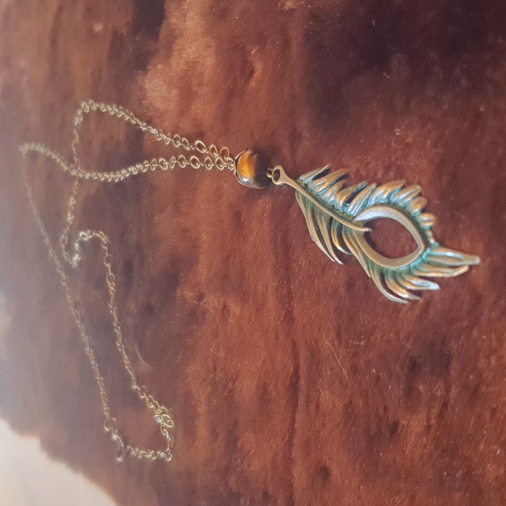 Long Feather Necklace in Patina Brass